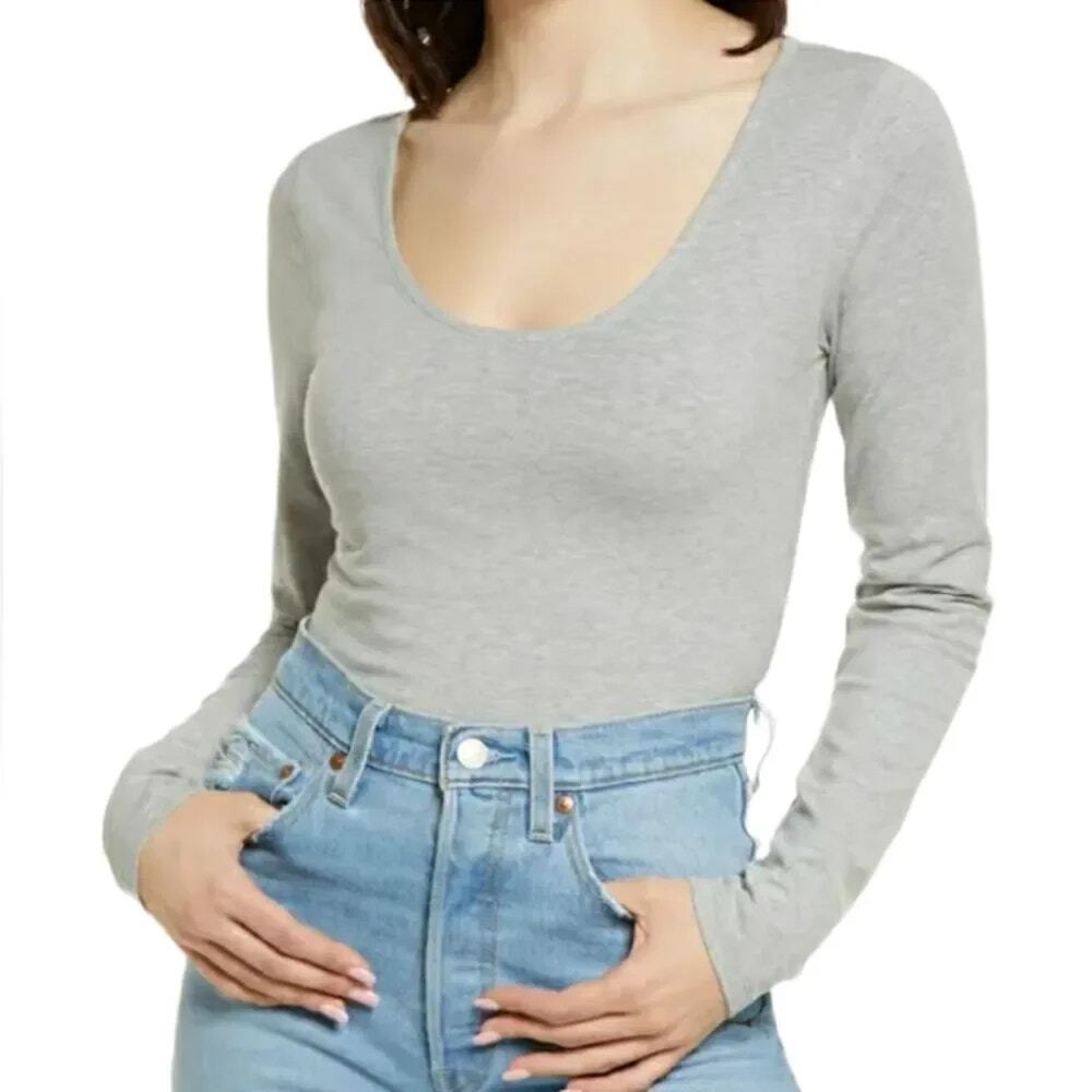 NWT BP Gray Long Sleeve Scoop Neck Organic Cotton Crop T-Shirt Women's Size 3X